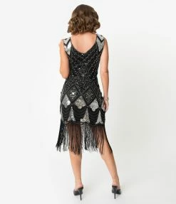 Unique Vintage 1920s Black & Silver Sequin Lina Fringe Flapper Dress Clothing