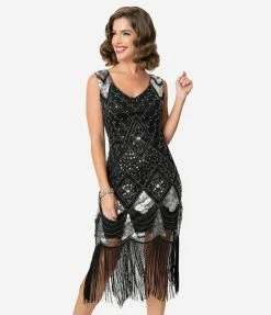 Unique Vintage 1920s Black & Silver Sequin Lina Fringe Flapper Dress Clothing