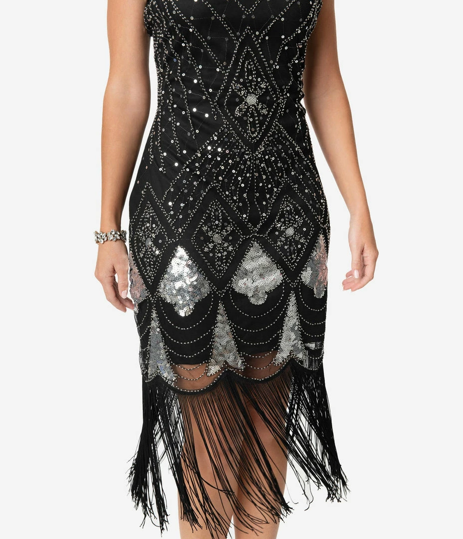 Unique Vintage 1920s Black & Silver Sequin Lina Fringe Flapper Dress Clothing