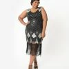Unique Vintage Plus Size 1920s Black & Silver Sequin Lina Fringe Flapper Dress Clothing