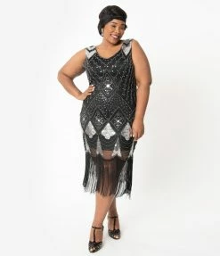 Unique Vintage Plus Size 1920s Black & Silver Sequin Lina Fringe Flapper Dress Clothing