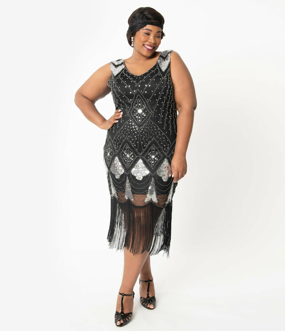Unique Vintage Plus Size 1920s Black & Silver Sequin Lina Fringe Flapper Dress Clothing