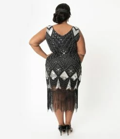 Unique Vintage Plus Size 1920s Black & Silver Sequin Lina Fringe Flapper Dress Clothing