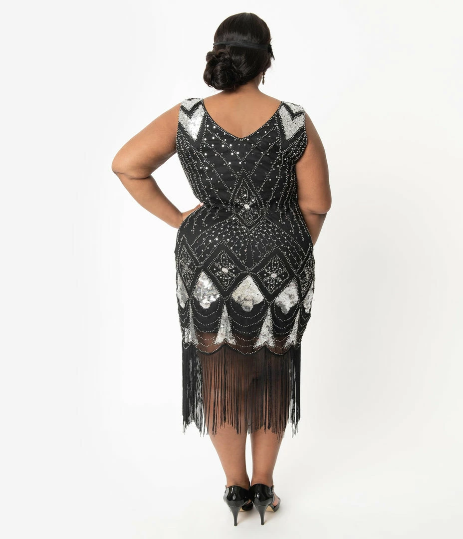 Unique Vintage Plus Size 1920s Black & Silver Sequin Lina Fringe Flapper Dress Clothing