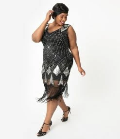Unique Vintage Plus Size 1920s Black & Silver Sequin Lina Fringe Flapper Dress Clothing