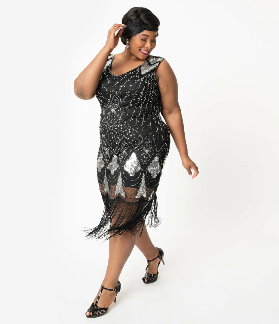 Unique Vintage Plus Size 1920s Black & Silver Sequin Lina Fringe Flapper Dress Clothing