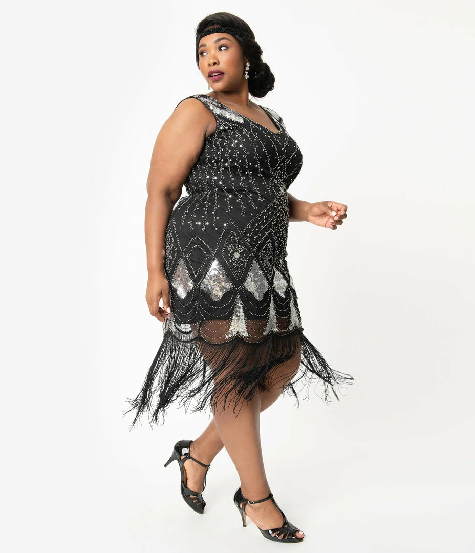 Unique Vintage Plus Size 1920s Black & Silver Sequin Lina Fringe Flapper Dress Clothing