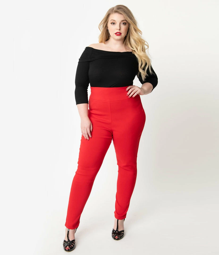 Unique Vintage Plus Size Red High Waist Rizzo Cigarette Pants
