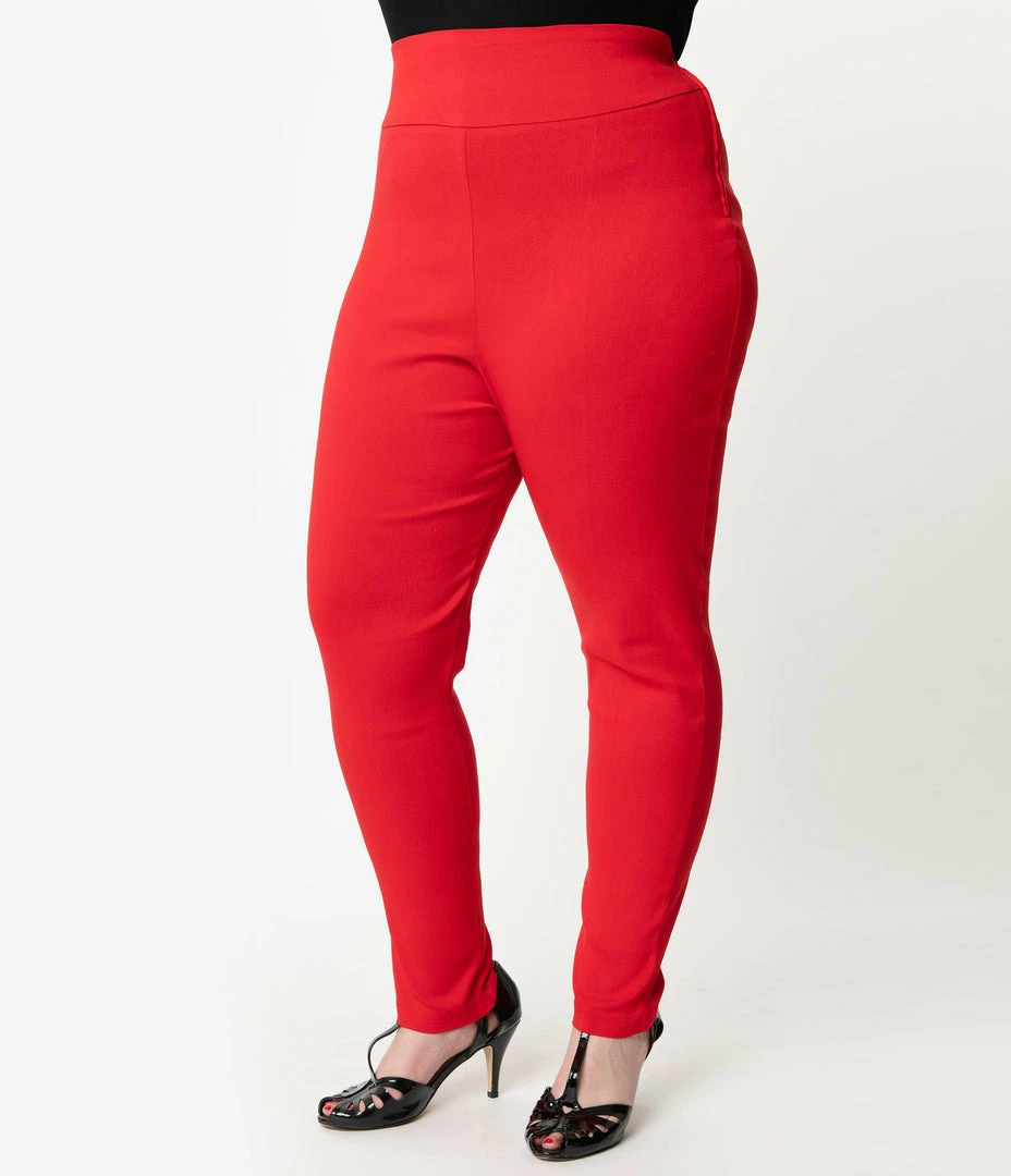 Unique Vintage Plus Size Red High Waist Rizzo Cigarette Pants