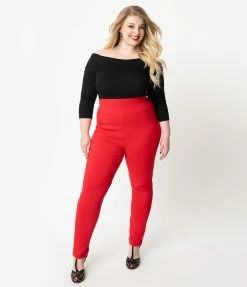 Unique Vintage Plus Size Red High Waist Rizzo Cigarette Pants