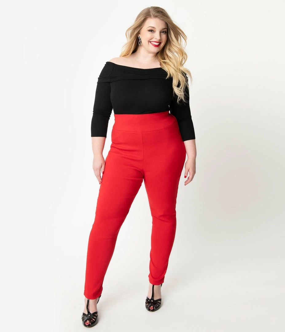Unique Vintage Plus Size Red High Waist Rizzo Cigarette Pants