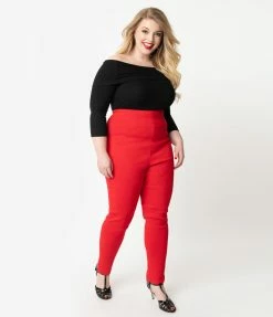 Unique Vintage Plus Size Red High Waist Rizzo Cigarette Pants