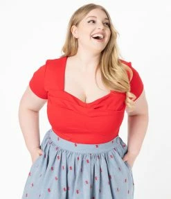 Unique Vintage Plus Size Red Sweetheart Ruthie Top Sale