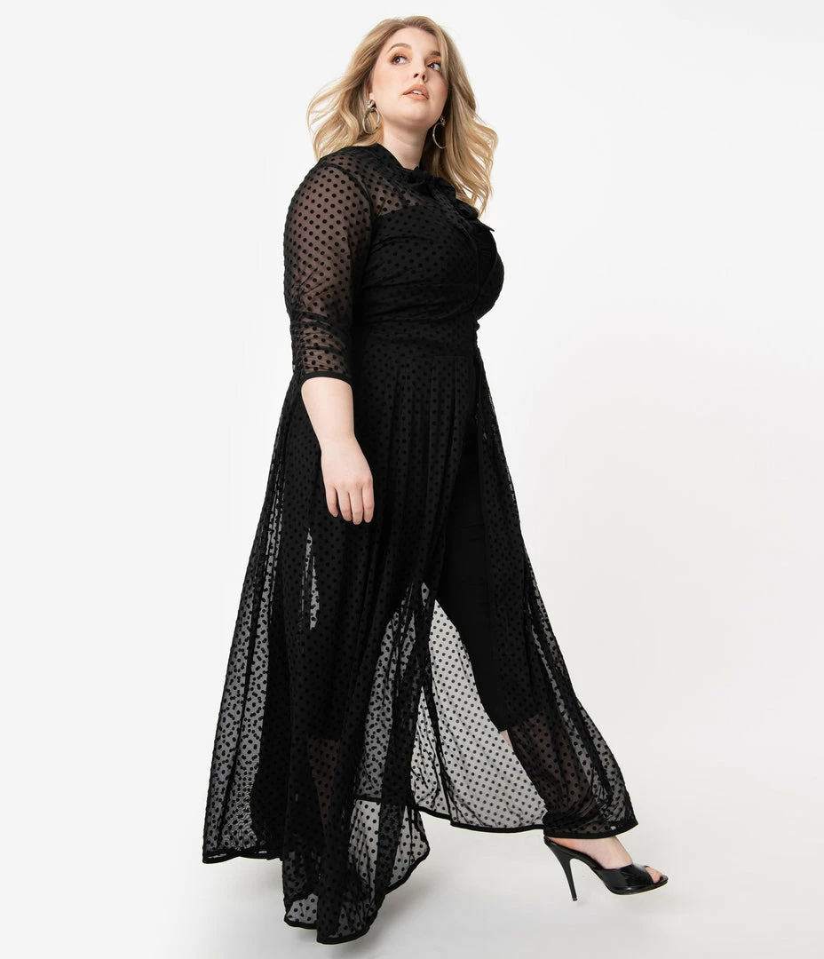 Clothing Unique Vintage Plus Size Black Swiss Dot Starlet Duster