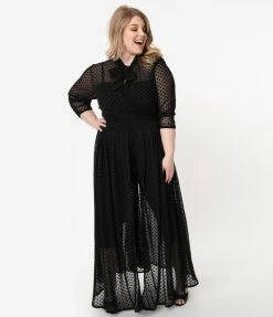 Clothing Unique Vintage Plus Size Black Swiss Dot Starlet Duster