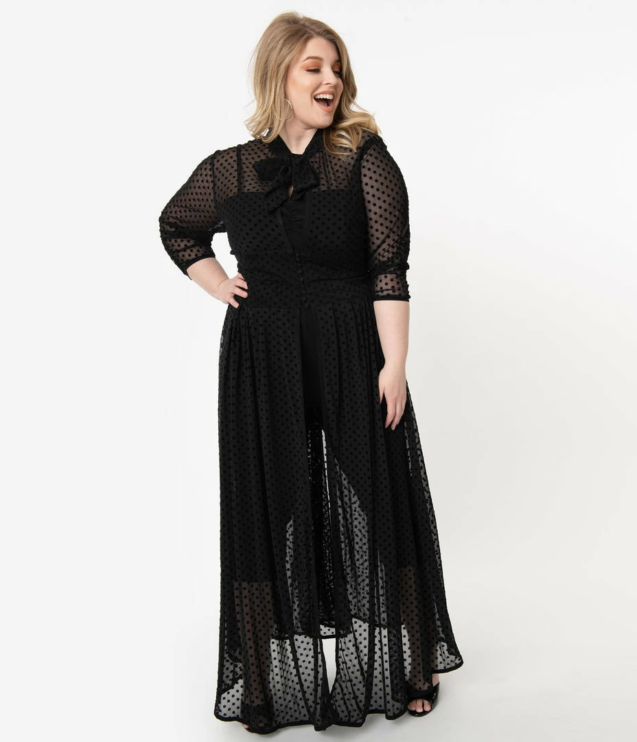 Clothing Unique Vintage Plus Size Black Swiss Dot Starlet Duster