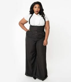 Unique Vintage Plus Size Black Thelma Suspender Pants Clothing