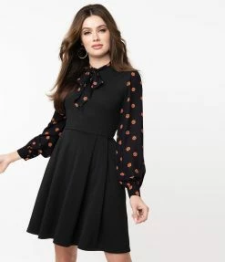 Smak Parlour Black & Pumpkin Print She.E.O. Fit & Flare Dress