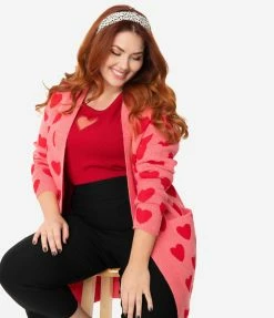 Heimish USA (Rachael) Plus Size Pink & Red Hearts Open Long Cardigan Sale