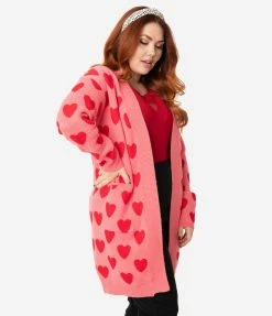 Heimish USA (Rachael) Plus Size Pink & Red Hearts Open Long Cardigan Sale