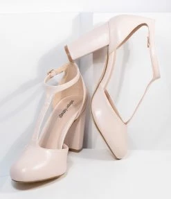 Unique Vintage Beige Leatherette T-Strap Astaire Pumps