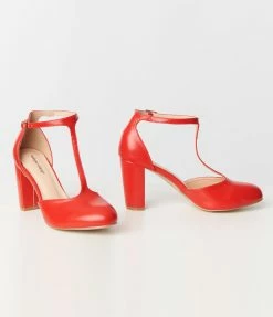 Unique Vintage Red Leatherette T-Strap Astaire Pumps Unique Vintage Brand
