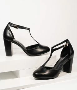 Unique Vintage Black Leatherette T-Strap Astaire Pumps Unique Vintage Brand