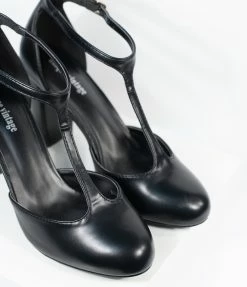 Unique Vintage Black Leatherette T-Strap Astaire Pumps Unique Vintage Brand