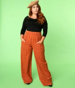 Unique Vintage Plus Size Orange Windowpane High Waist Ginger Pants