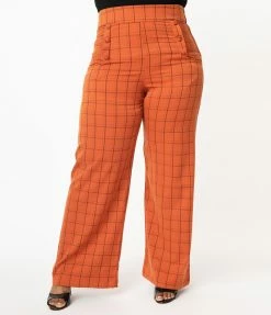 Unique Vintage Plus Size Orange Windowpane High Waist Ginger Pants