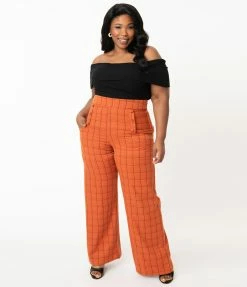 Unique Vintage Plus Size Orange Windowpane High Waist Ginger Pants