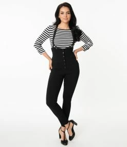 Unique Vintage Black Moorehead Skinny Suspender Pants Clothing