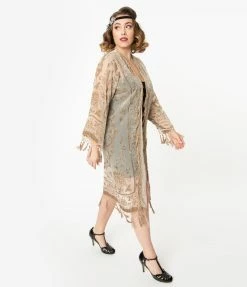 Western Fashion Clothing Champagne Medallion Devore Velvet Beaded Flapper Coat