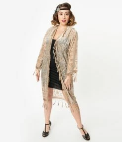 Western Fashion Clothing Champagne Medallion Devore Velvet Beaded Flapper Coat
