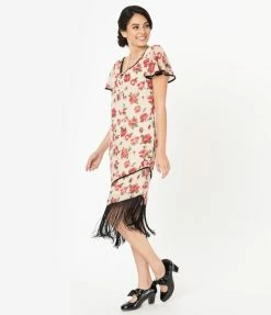 Unique Vintage 1920s Cream & Pink Floral Joyeux Flapper Day Dress