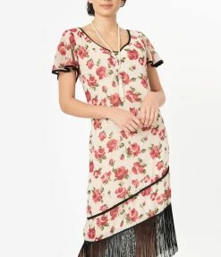 Unique Vintage 1920s Cream & Pink Floral Joyeux Flapper Day Dress