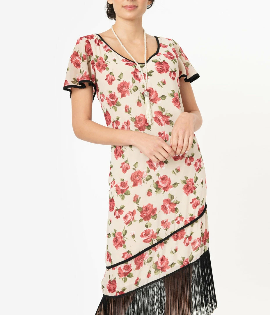 Unique Vintage 1920s Cream & Pink Floral Joyeux Flapper Day Dress