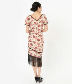 Unique Vintage 1920s Cream & Pink Floral Joyeux Flapper Day Dress