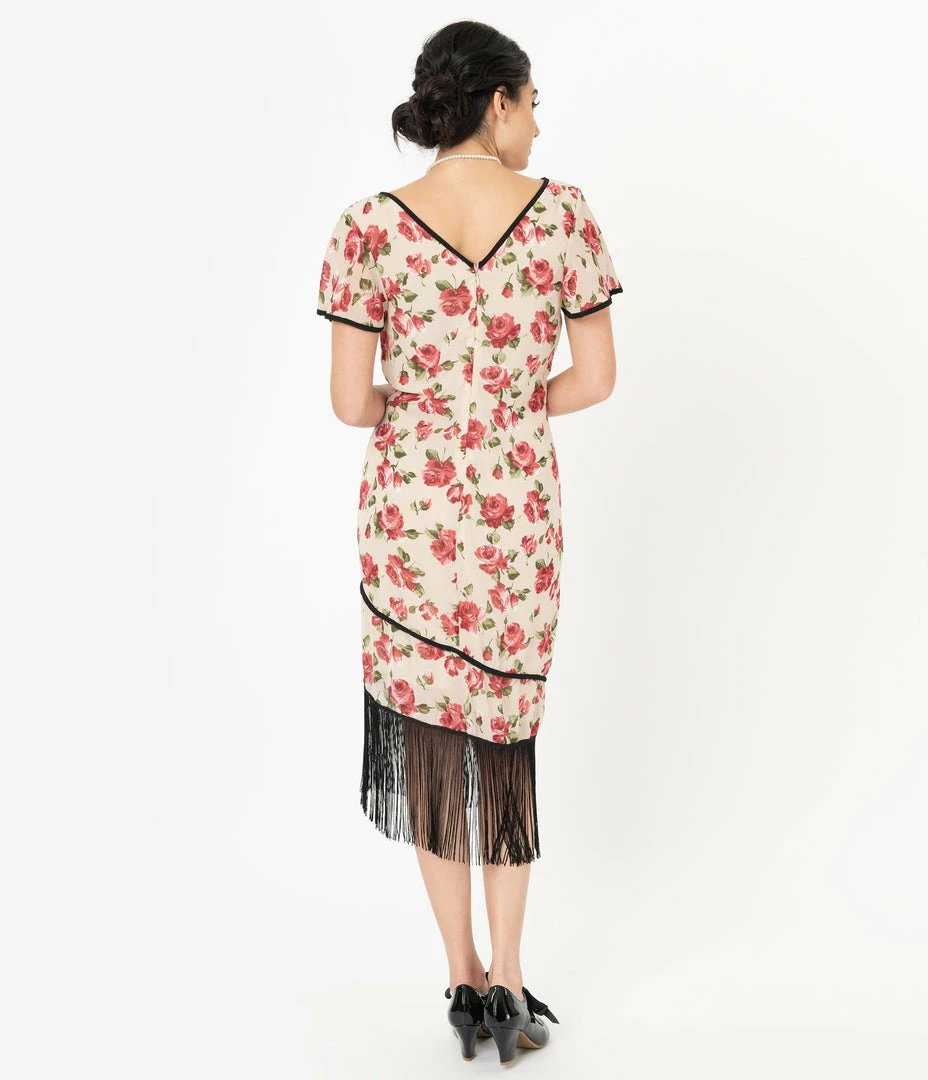 Unique Vintage 1920s Cream & Pink Floral Joyeux Flapper Day Dress