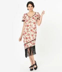 Unique Vintage 1920s Cream & Pink Floral Joyeux Flapper Day Dress