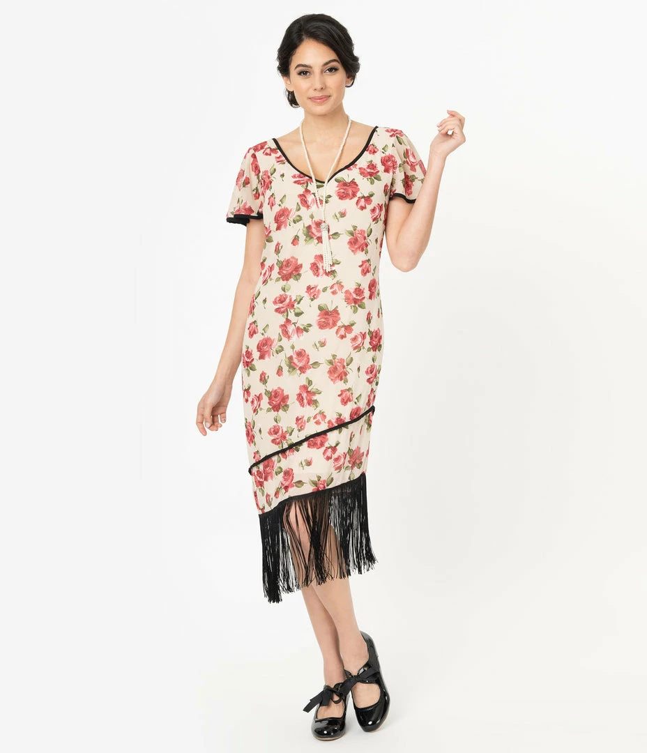 Unique Vintage 1920s Cream & Pink Floral Joyeux Flapper Day Dress