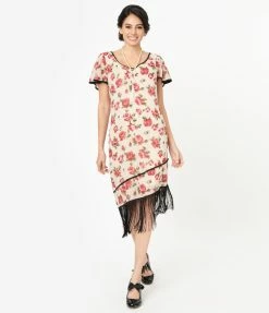 Unique Vintage 1920s Cream & Pink Floral Joyeux Flapper Day Dress