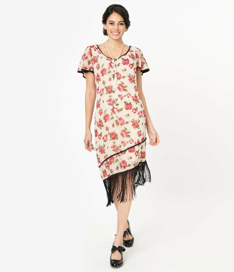 Unique Vintage 1920s Cream & Pink Floral Joyeux Flapper Day Dress