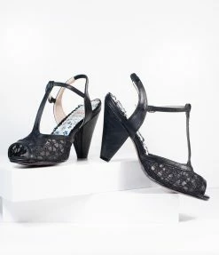 Ellie Shoes Bettie Page Black Lace Brooklyn T-Strap Heels