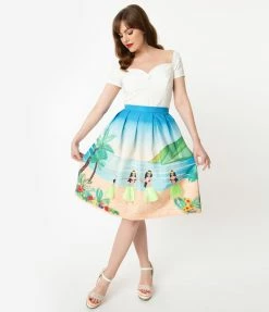 Unique Vintage Hula Island Scene Jayne Swing Skirt