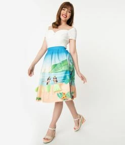 Unique Vintage Hula Island Scene Jayne Swing Skirt