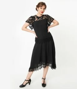 Unique Vintage 1920s Black Lace Marmande Flapper Dress Clothing