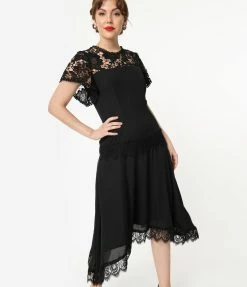 Unique Vintage 1920s Black Lace Marmande Flapper Dress Clothing