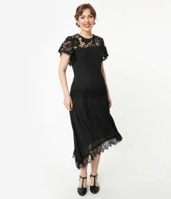 Unique Vintage 1920s Black Lace Marmande Flapper Dress Clothing