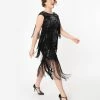 Unique Vintage 1920s Black Floral Sequin Bayonne Fringe Flapper Dress Sale